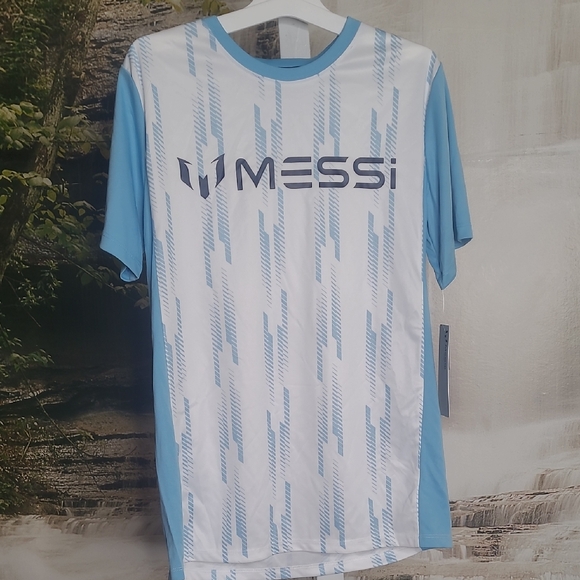 New with tags! Messi Boys XL light blue white short sleeve mesh jersey Tshirt - Picture 1 of 4